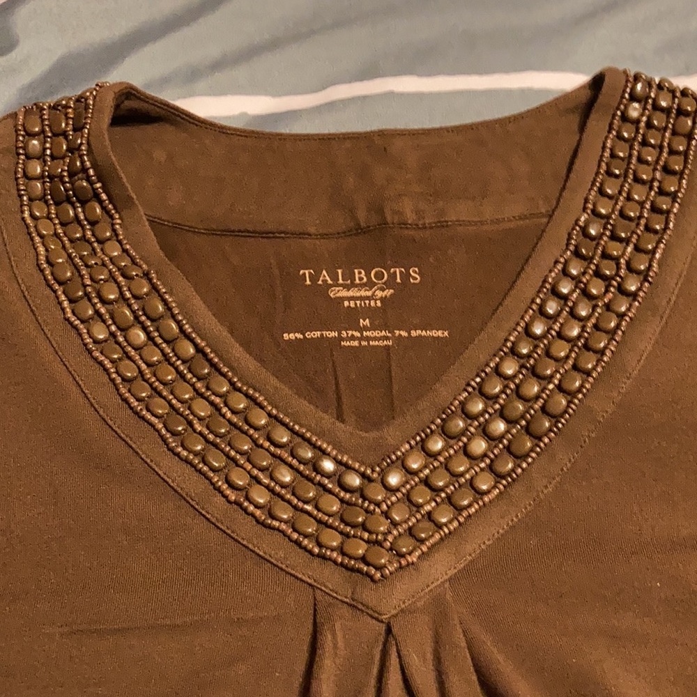 Talbots Medium Pet chocolate brown top w/beading - Picture 3 of 8